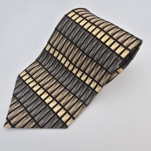 Renzo and Kai Other - RENZO Men's Geometric Pattern Tie Gold Black Beige Polyester Luxury Neckwear